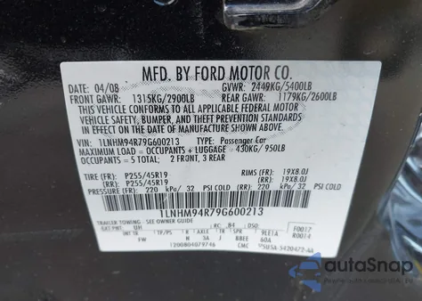 2009 Lincoln Mks из США, поврежденный, VIN 1LNHM94R79G600213